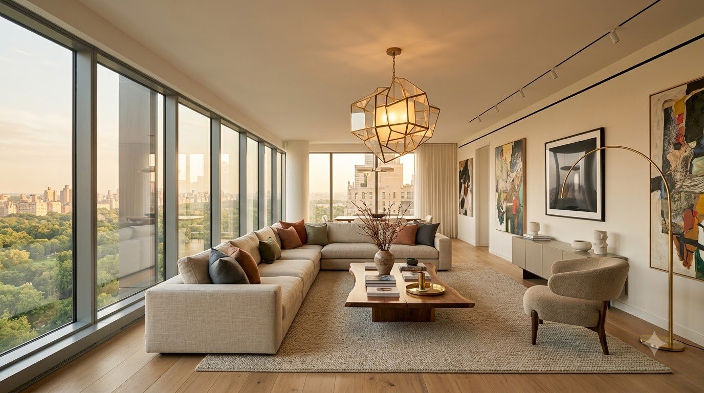 A wide panoramic view of an elegant designer living room with floor-to-ceiling windows over a city park, a low linen sofa, a sculptural pendant light and artwork along the wall.