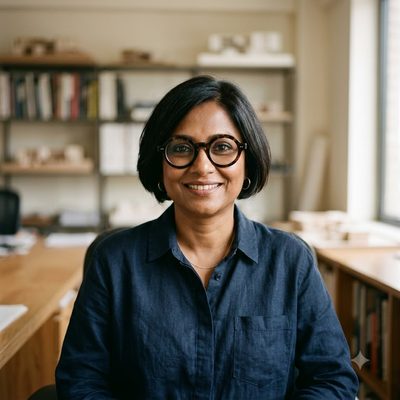 Portrait of a Bengali Indian woman in her forties with a short bob and bold round glasses, wearing a dark linen shirt in an architecture studio.