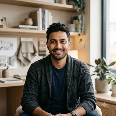 Portrait of an Indian man in his early thirties with light stubble, wearing a textured knit cardigan over a tee, seated in a design studio.