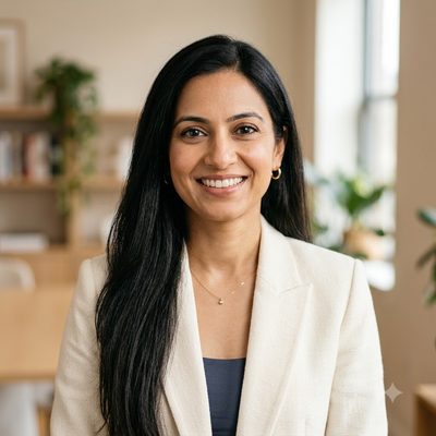 Portrait of an Indian woman in her late thirties with long straight hair, wearing a cream blazer and smiling warmly at the camera.