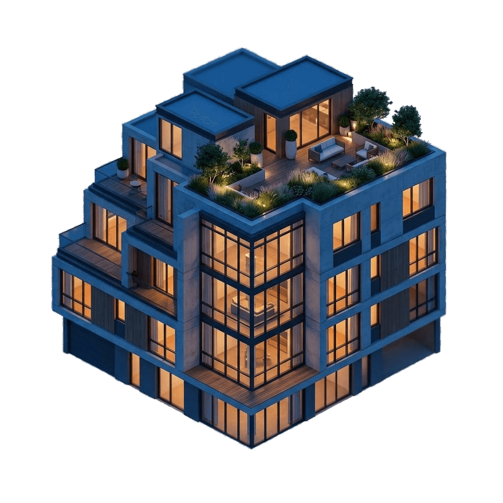 An isometric illustration of a four-storey mixed-use building with stepped massing, a glazed corner and a planted roof terrace with seating.